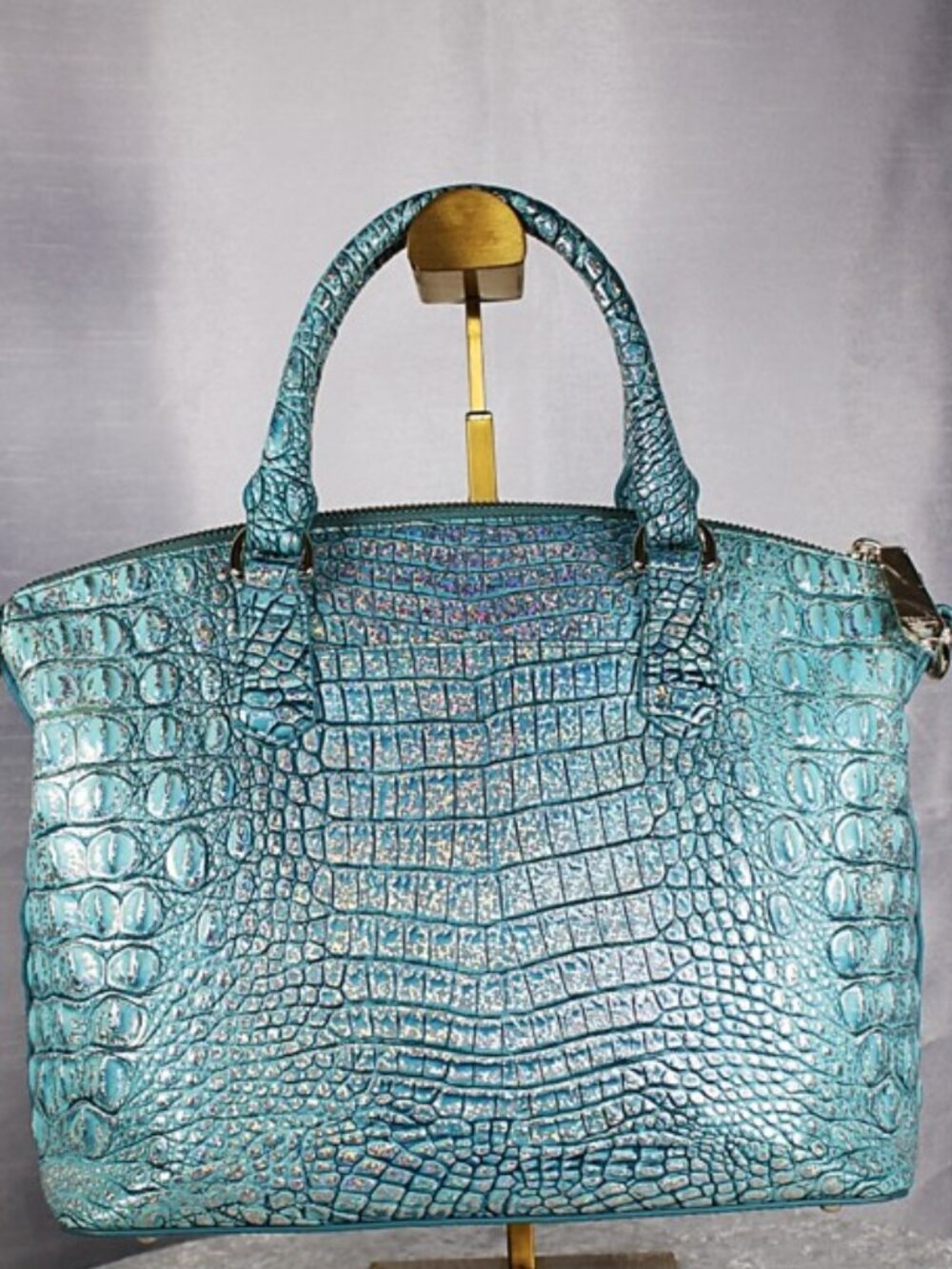 Brahmin Baby Blue Iridescent Croc Embossed Leather Satchel Wallet Set - Picture 4 of 15